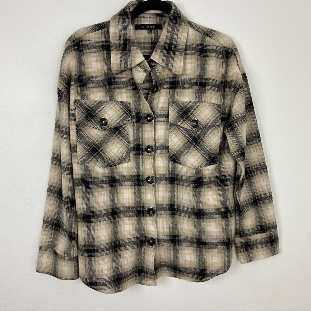 Blu Pepper‎ Cream & Black Plaid Shacket CabinCore Fall Boho Flannel Comfy Size S